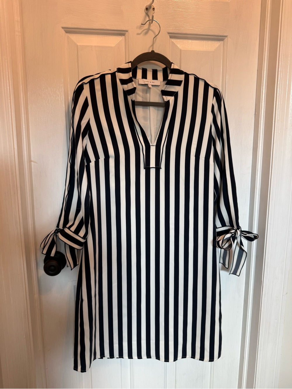 Lark & Ro Black and White Vertical Stripe Midi Dress with Tie Sleeves